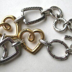 Brighton Frisco Two-Tone Heart Bracelet, Silver & Gold Chain Link Toggle Jewelry